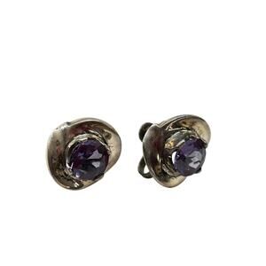 Vintage Silvertone Amethyst Screwback Non-Pierced Earrings .75"